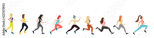 Young and running cheerful girls in different poses isolated on white background. Women with different hair colors and hairstyles. Fast running, marathon, hobby. Stock vector illustration for design