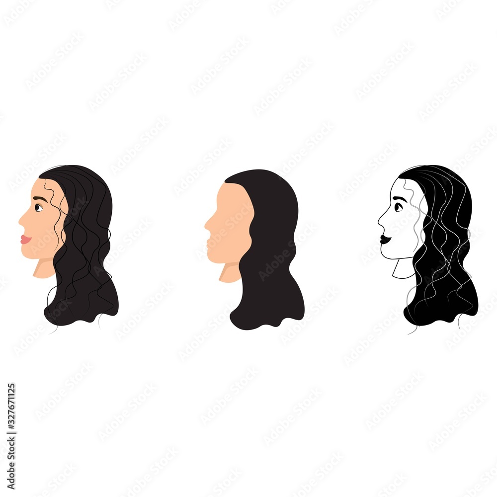 Set of cute abstract female portraits, face of a young woman, side view, brunette, wavy hair, outline. Stock vector illustration for decoration and design, web pages, postcards, banner, packaging. Set of cute abstract female portraits, face of a young woman, side view, brunette, wavy hair, outline. Stock vector illustration for decoration and design, web pages, postcards, banner, packaging.
