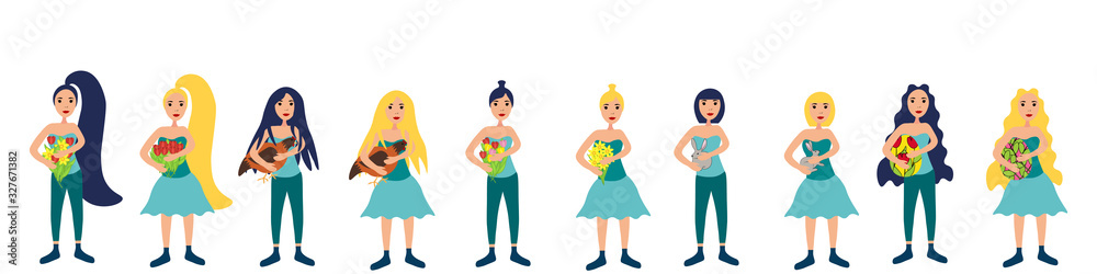 Group of girls with flowers, rabbits, chicken and easter eggs in their hands isolated on white background. Stock vector illustration for decoration and design, postcards, posters, banners, web pages Group of girls with flowers, rabbits, chicken and easter eggs in their hands isolated on white background. Stock vector illustration for decoration and design, postcards, posters, banners, web pages
