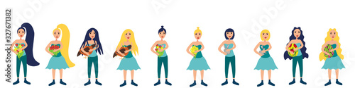 Group of girls with flowers, rabbits, chicken and easter eggs in their hands isolated on white background. Stock vector illustration for decoration and design, postcards, posters, banners, web pages 