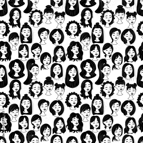 Black-white seamless pattern with portraits of young girls on a background in outline. Women with different hairstyles and hair color. Front view, closed eyes, happy smile. Stock vector illustration