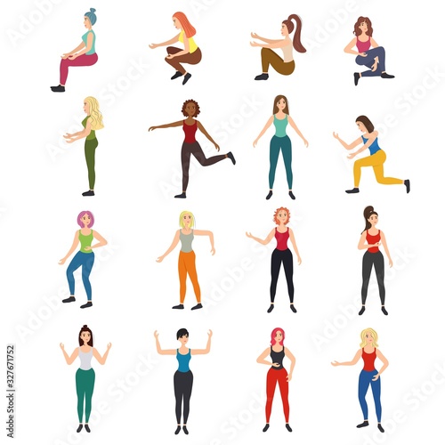 A set of slender, strong and beautiful girls in different poses for work. Stock vector illustration for decoration and design, web pages, cards, banners, magazines, posters, textiles.