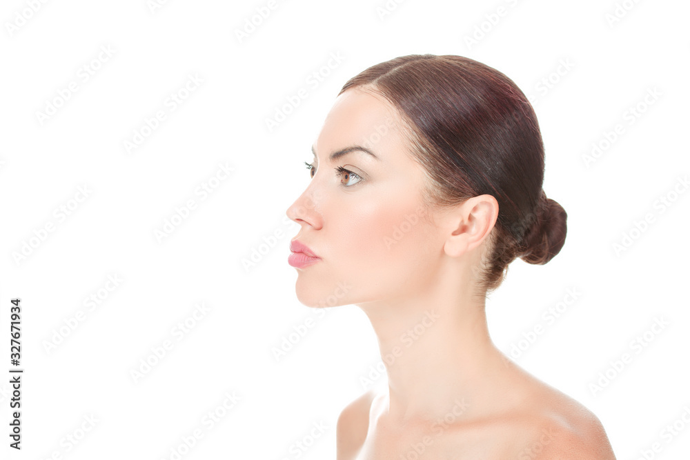 woman looking to side in profile view showing clean skin fresh face woman looking to side in profile view showing clean skin fresh face