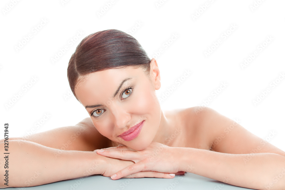 beautiful middle-aged woman looking and leaning on hands beautiful middle-aged woman looking and leaning on hands