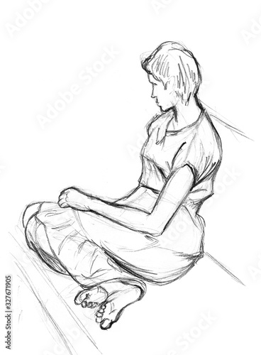 A rough sketch of a female figure in clothes. The girl sits with her legs on the couch, turning away from the viewer. Pencil drawing on white paper.