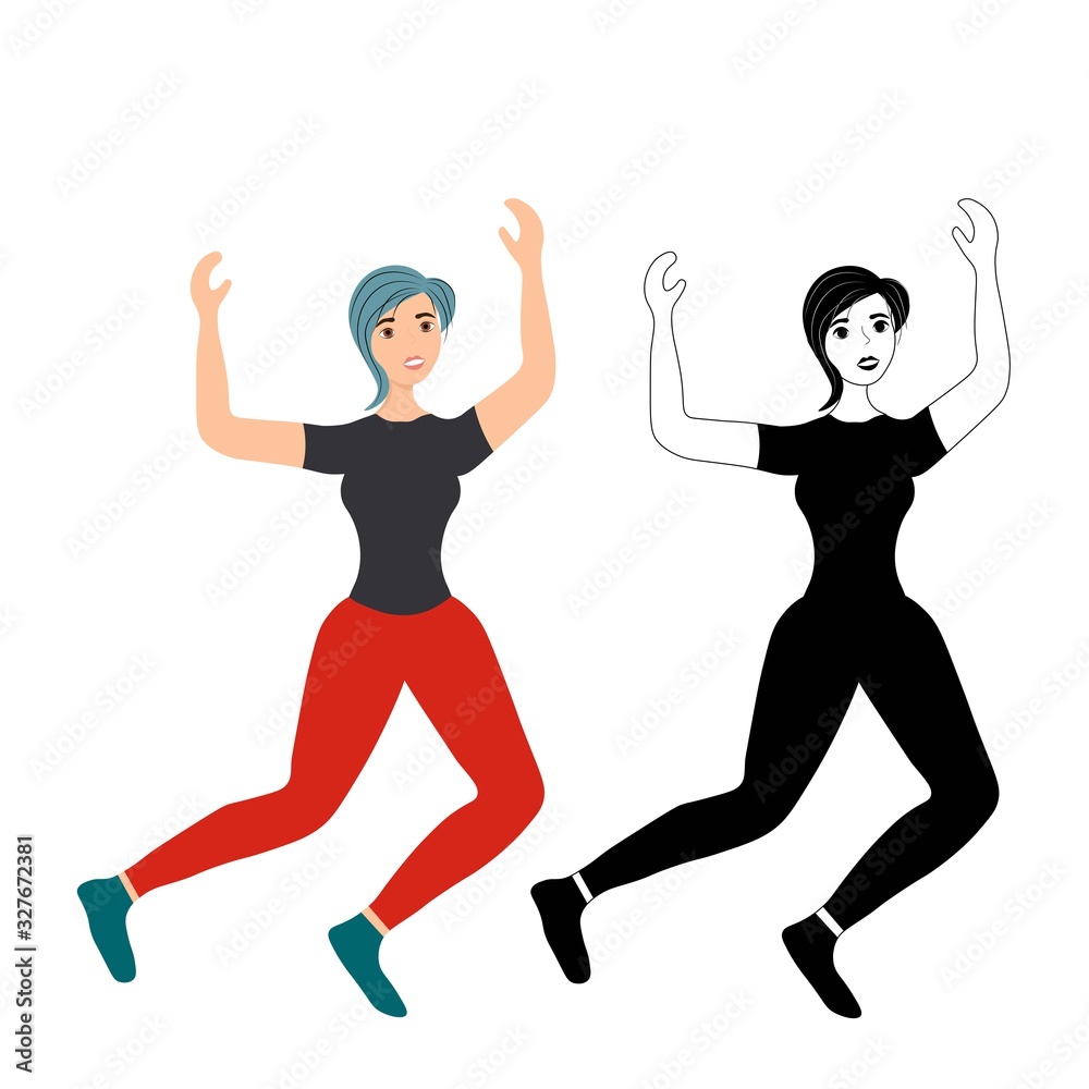 Young dancing girl with blue hair isolated on a white background. Female club dancers. Jumping up. Disco dancing at a music party. Happy man on the positive. Stock vector illustration for design.