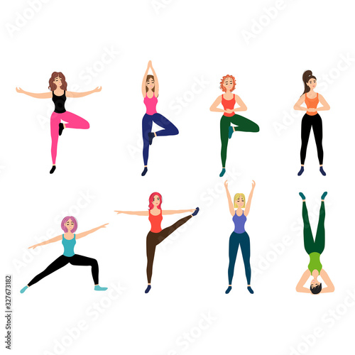 Collection of girls in standing yoga poses isolated on a white background. Asanas, sports, movements. Stock vector illustration for decoration and design, web pages, banners, posters, magazines.