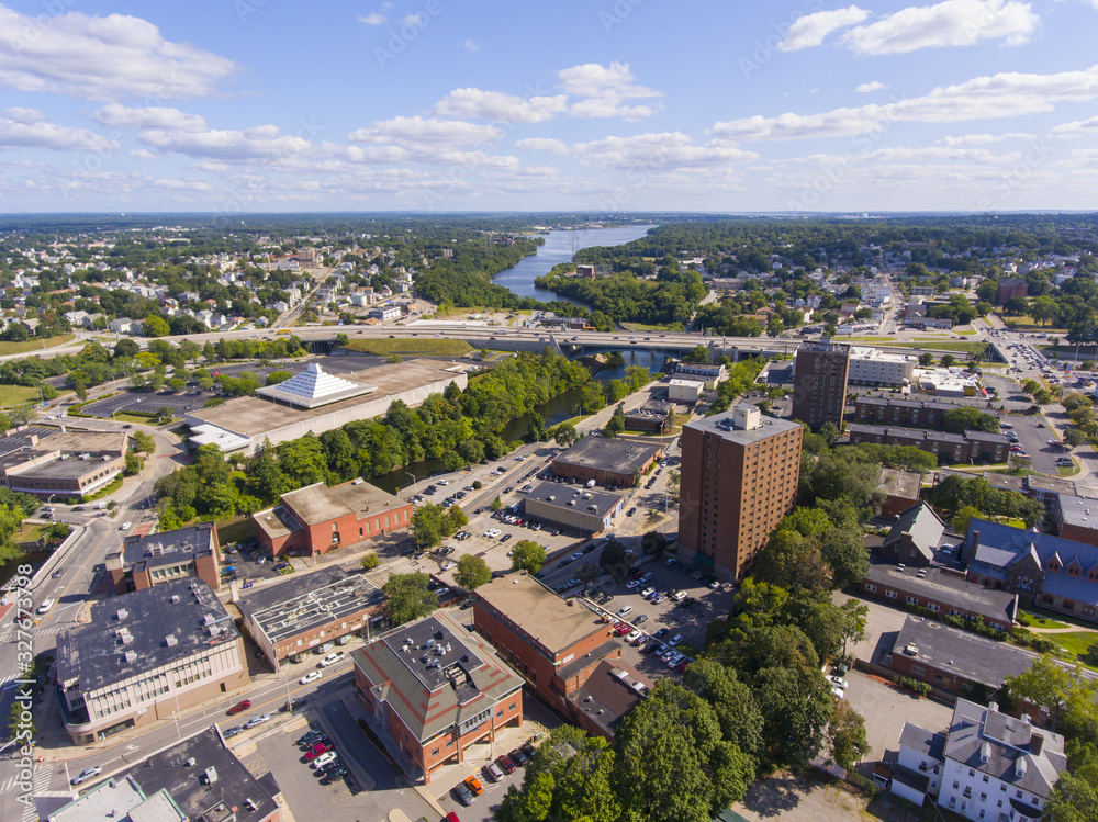 Pawtucket historic city center and Blackstone River aerial view, Pawtucket, Rhode Island RI, USA.