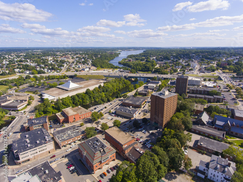 Pawtucket historic city center and Blackstone River aerial view, Pawtucket, Rhode Island RI, USA.