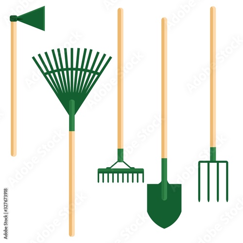 Set of gardening tools. Shovel, pitchfork, rake, broom, chopper. Stock vector illustration for decoration and design, web pages, packaging, fabrics, cards, posters, banners, textiles and more.