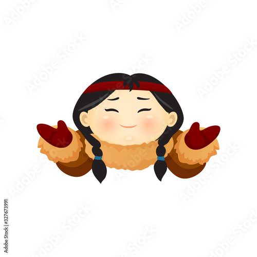 Vector cartoon cute icon of an Eskimo young Chukchi girl who knows nothing, emoticon, mascot, sticker, emoji, smiley, I do not know eps 10 