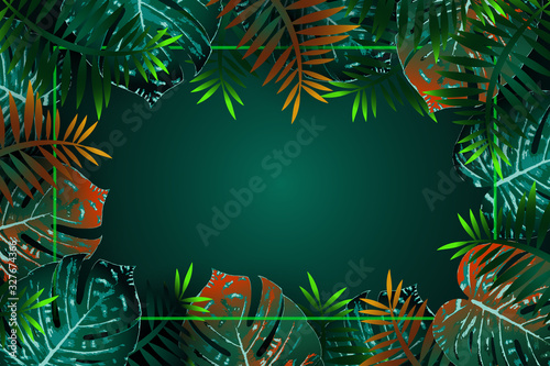 Tropical design with palm leaves and neon lights. 