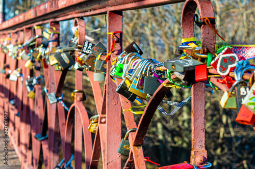 Parkovy Bridge with lot of love locks designed by Paton in Kyiv, Ukraine on January 12, 2020. 