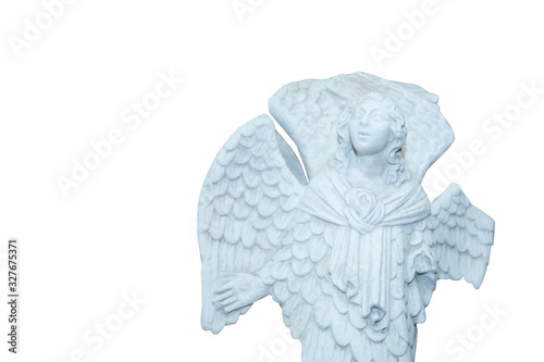 Angel with wings. Ancient stone statue isolated on white background.