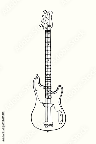 Bass guitar  hand drawn doodle gravure vintage style  sketch  outline vector illustration