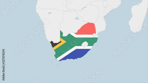 South Africa map highlighted in South Africa flag colors and pin of country capital Pretoria.