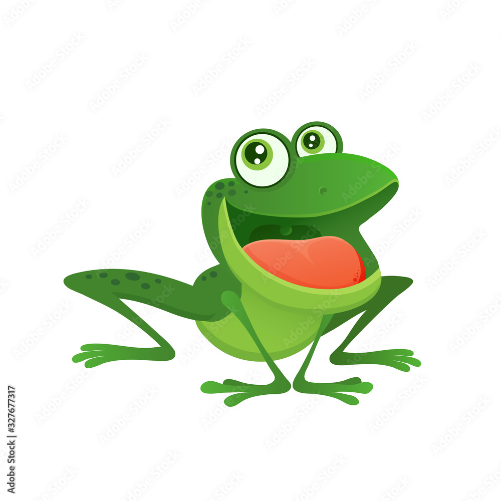 vector image of a bright cartoon cute green frog with big eyes and wide  mouth, long