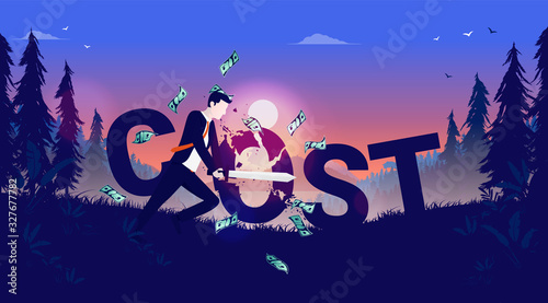 Cut cost - Businessman cutting the word cost with a sword outside in nature. Money flying around, sunrise in background. Cheaper prices and discount concept. Vector illustration.