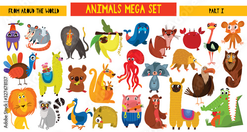 Big collection of cute cartoon animals around the world. Part I. Set of wild and woodland animals characters isolated on white background.