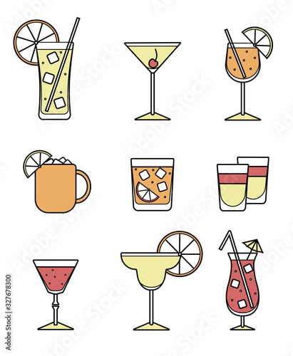 Collection set of icons: various alcohol cocktail glasses high ball martini margarita old fashioned shot Moscow mule mug. For card, poster, invitation, banner or restaurant menu for party event