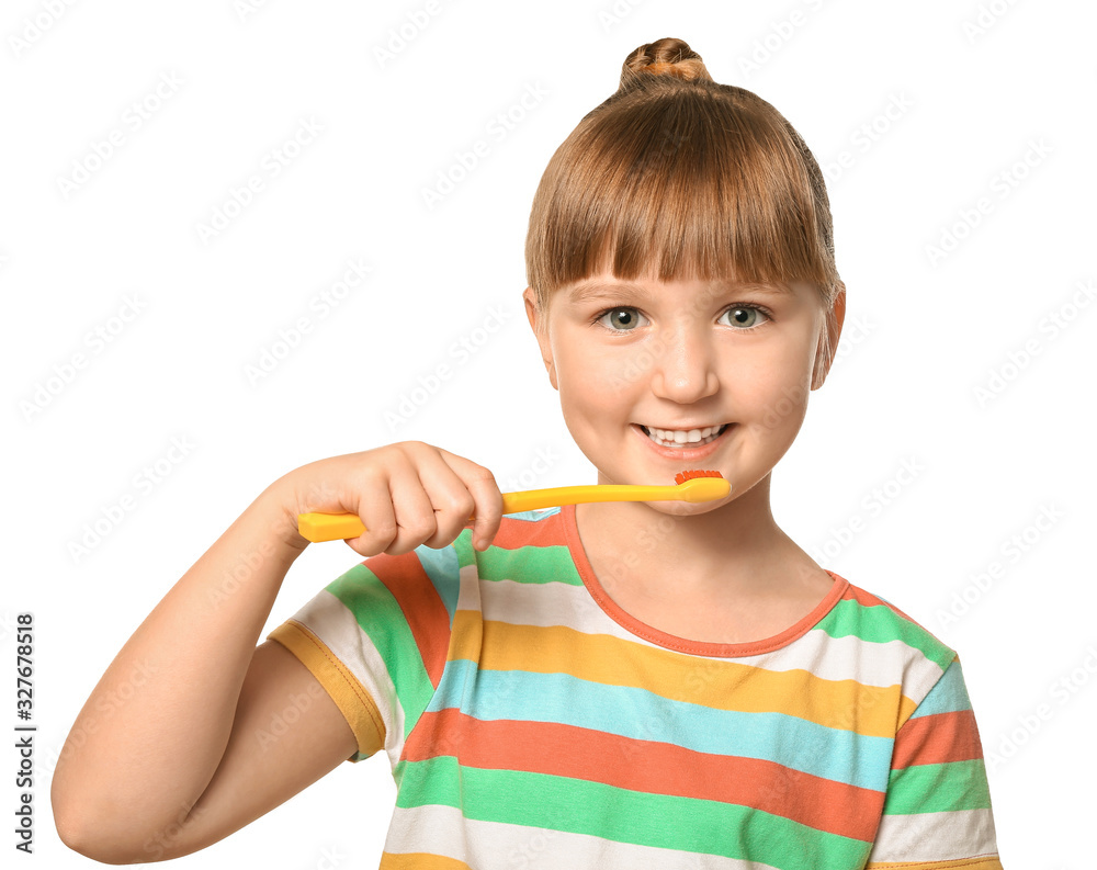 Little girl with tooth brush on white background Little girl with tooth brush on white background