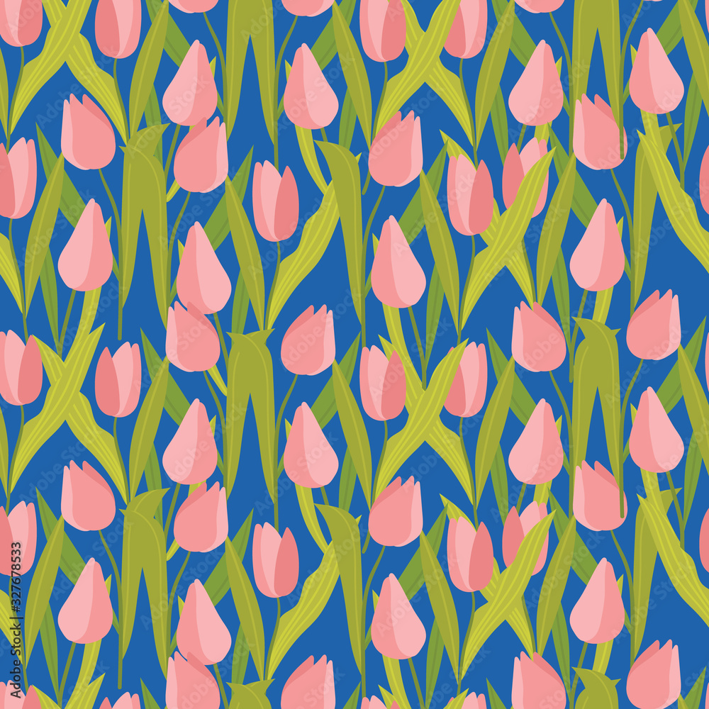Seamless spring pattern with cute tulips.Hand drawn surface pattern design with flowers. Seamless texture can be used for wallpapers, pattern fills, surface textures.