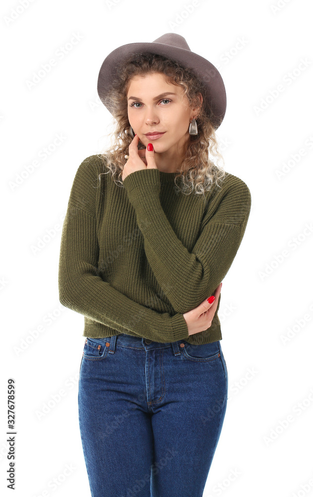 Beautiful young woman in warm sweater on white background Beautiful young woman in warm sweater on white background