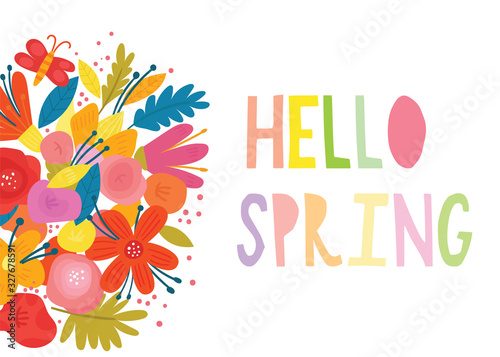 Welcome spring banner. Colorful background with flowers for greeting card, invitation template.