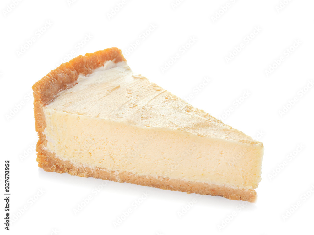 Slice of sweet tasty cheesecake on white background