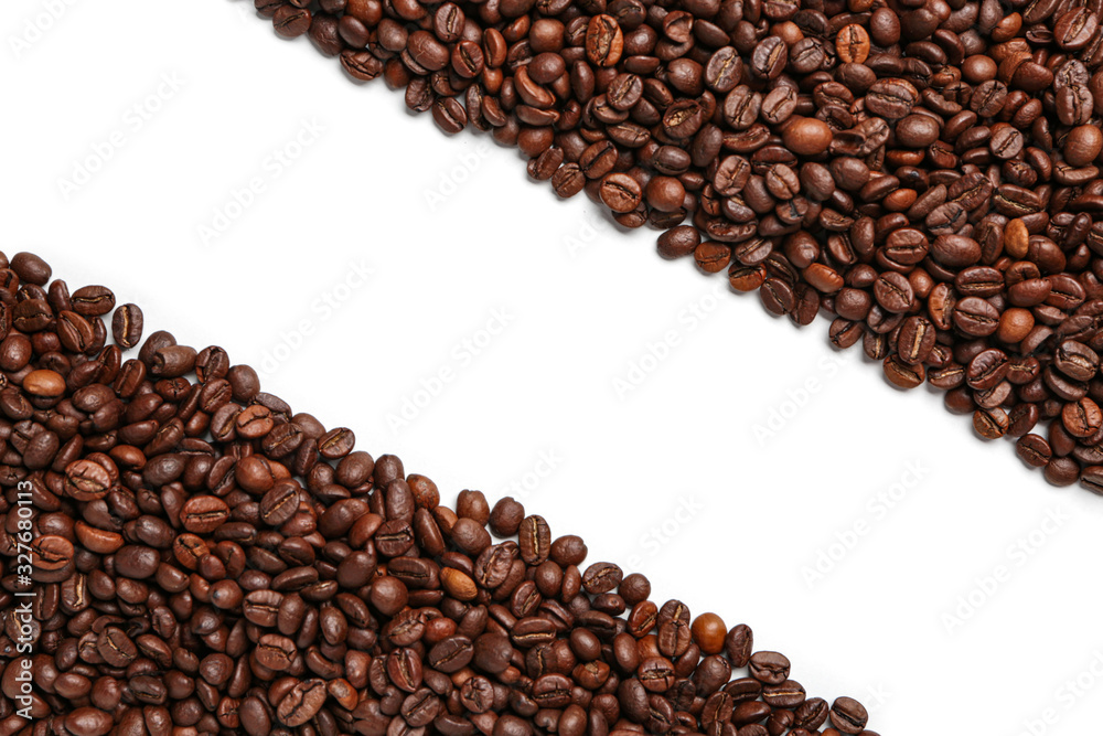 Many coffee beans on white background