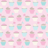 Pink vintage vector pattern with colorful cupcakes