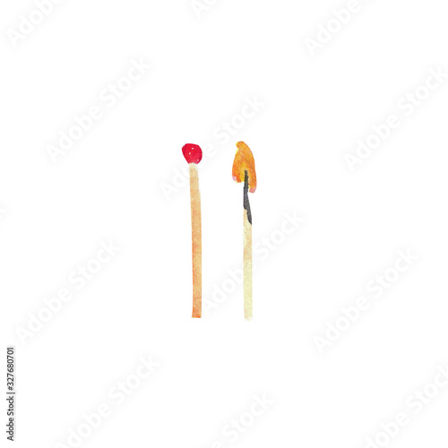 The whole and burned matches isolated on white background. Watercolor hand drawn illustration