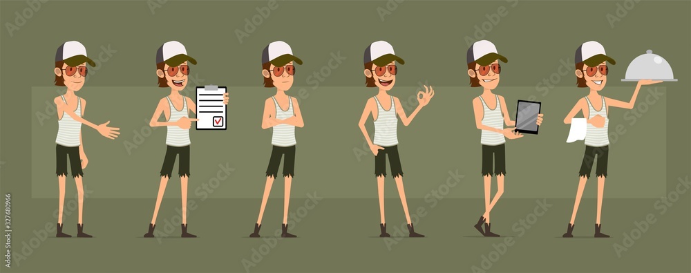 Cartoon funny cute hipster farmer boy character in shorts and glasses. Ready for animations. Waiter with tray and trucker with tablet. Isolated on green background. Big vector icon set.