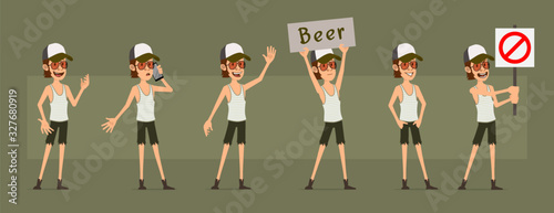 Cartoon funny cute hipster farmer boy character in shorts and glasses. Ready for animations. Stop, hello, beer and happy gesture. Isolated on green background. Big vector icon set.