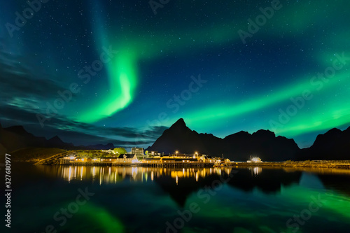 Aurora Borealis, northern lights at Reine, Lofoten islands, Norway