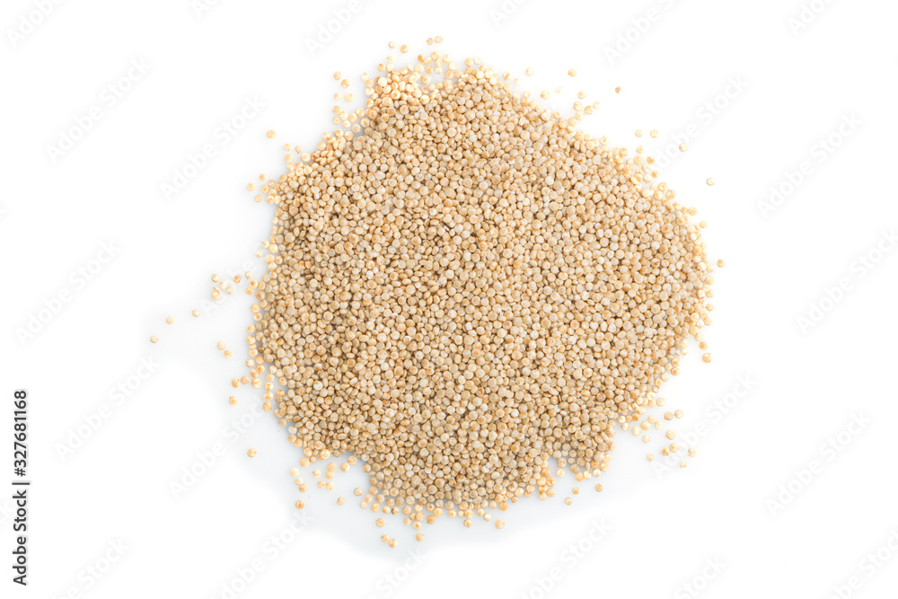 Pile of raw white quinoa isolated on white background. Top view, close up.