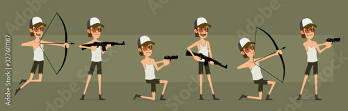 Cartoon funny cute hipster farmer boy character in shorts and glasses. Ready for animations. Smiling farmer shooting with pistol, rifle, bow. Isolated on green background. Big vector icon set.