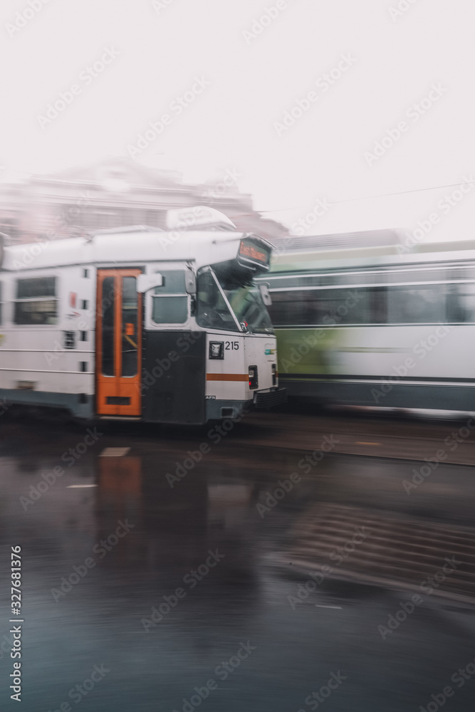 Tram in Melbourne city rainy day