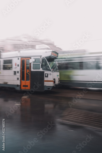 Tram in Melbourne city rainy day