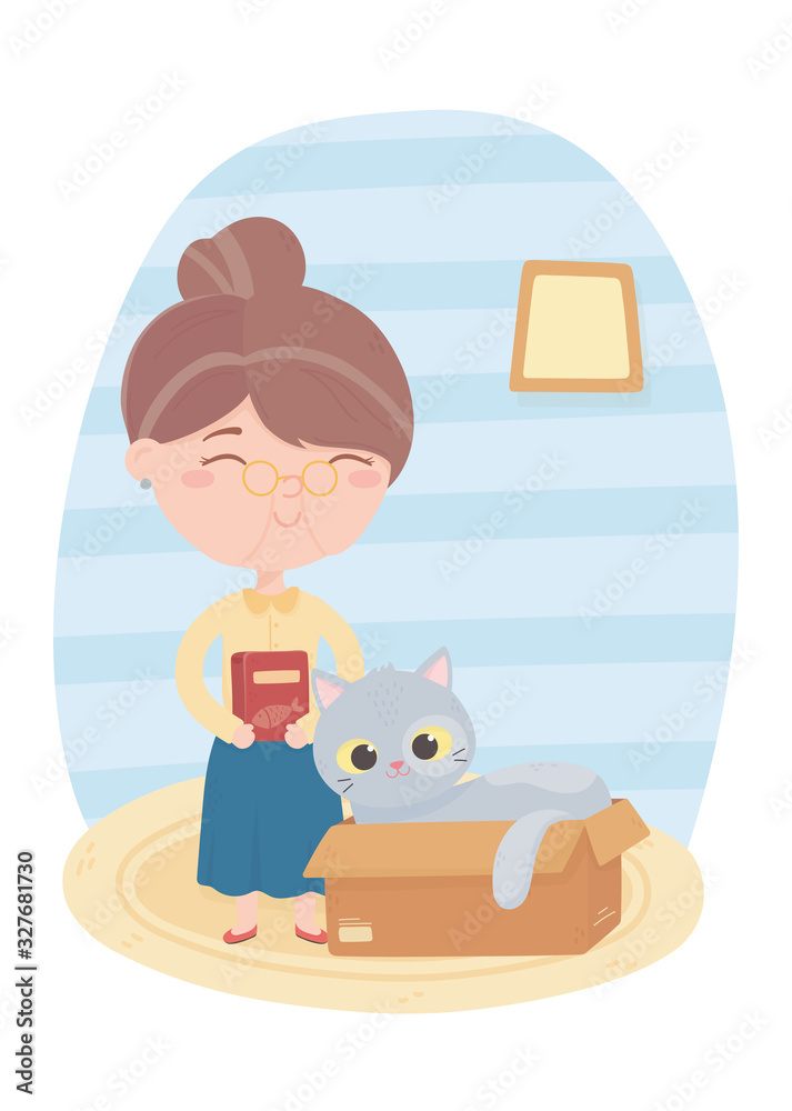 cats make me happy, old woman with food and cat in box