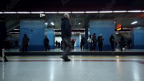 Ankara, Turkey - February 26, 2020: Time-lapse of people waiting and boarding trains at subway station platform in Ankara, Turkey. Turkey city life, or public transportation concept 