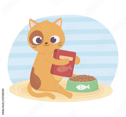 cats make me happy, cute cat with food box and bowl