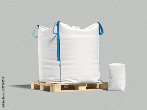 White big bag or sack on pallet. Isolated object on light background. Mockup for design. 3d render photo