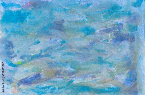 Hand-drawn watercolor grunge background in cyan, blue, violet colors with waves, brush strokes, streaks, stains, scratches. Texture of an old worn painted wall in high resolution