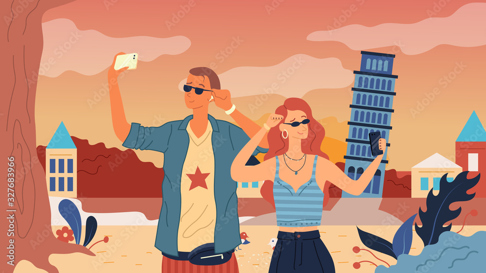 Fototapeta premium Travel Around The World Concept. Happy Couple In Love Is Having a Vacations And Travell Abroad To Italy. Adventure In a Piza. People Are Making Selfie By Camera. Cartoon Flat Vector Illustration