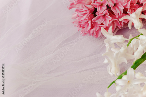 Fototapeta Naklejka Na Ścianę i Meble -  Pink and white hyacinth flowers on the right, on a soft light background with a white tulle (veil). Copy space.