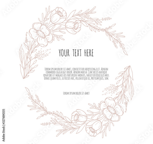 Hand drawn decor with flowers Anemone leaves and branches. Vector nature illustration in vintage style.