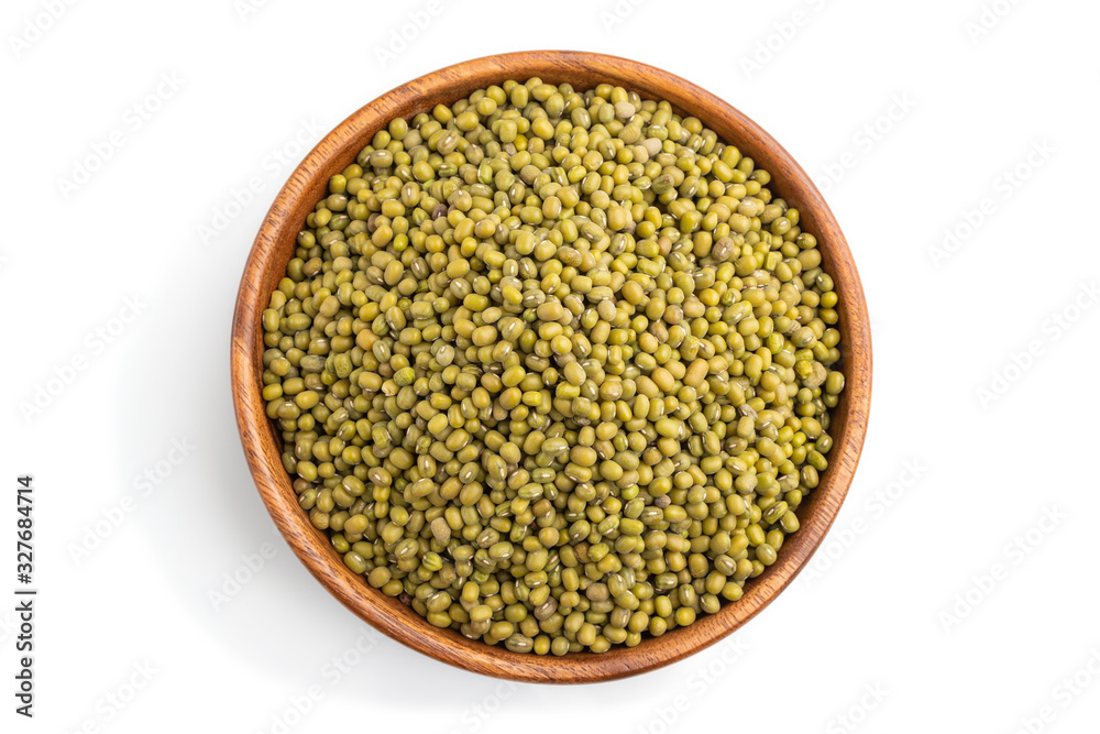 Wooden bowl with raw green mung bean isolated on white background. Top view. Wooden bowl with raw green mung bean isolated on white background. Top view.