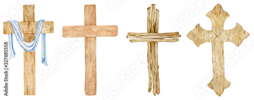 Obraz na płótnie Watercolor set of wooden Christian crosses