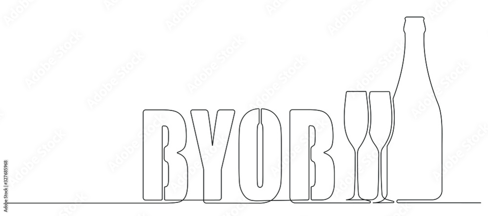 BYOB, bring your own bottle one continuous line drawing style illustration for your design. BYOB, bring your own bottle one continuous line drawing style illustration for your design.